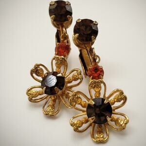 Vintage Gold Tone Rhinestone With Flower Dangle Earring Clip On Smoky Topaz Look